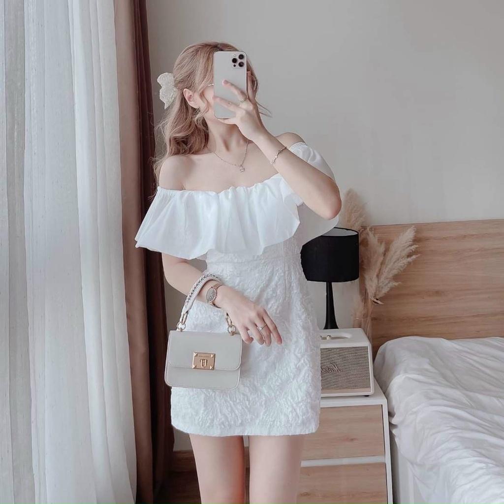 Váy đầm nữ body màu trắng trễ vai phối bèo voan