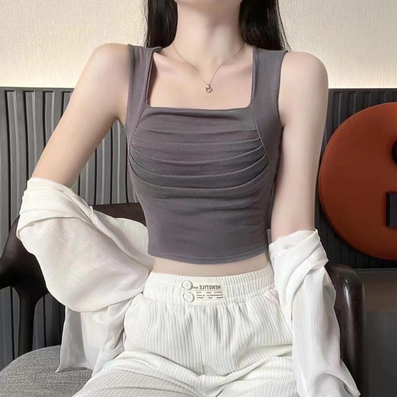 Áo thun nữ cổ vuông nhún trước ngực có đệm ngực dáng ngắn croptop mùa hè 2023