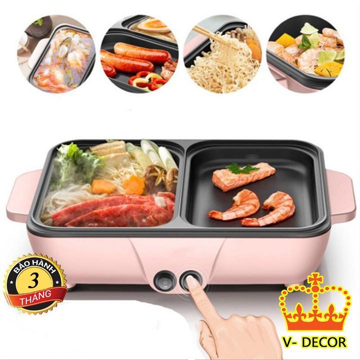 Bếp Điện Mini 2 Ngăn,Nồi Lẩu Nướng Đế Chống Dính | Công Dụng 5 Trong 1