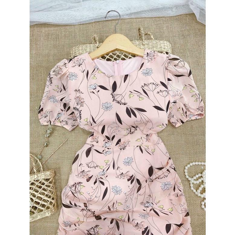 Đầm hoa nhí voan nhún eo, Váy hoa nhí đuôi cá công sở Cao Cấp dự tiệc tay ngắn cổ tròn - MiNhi Fashion