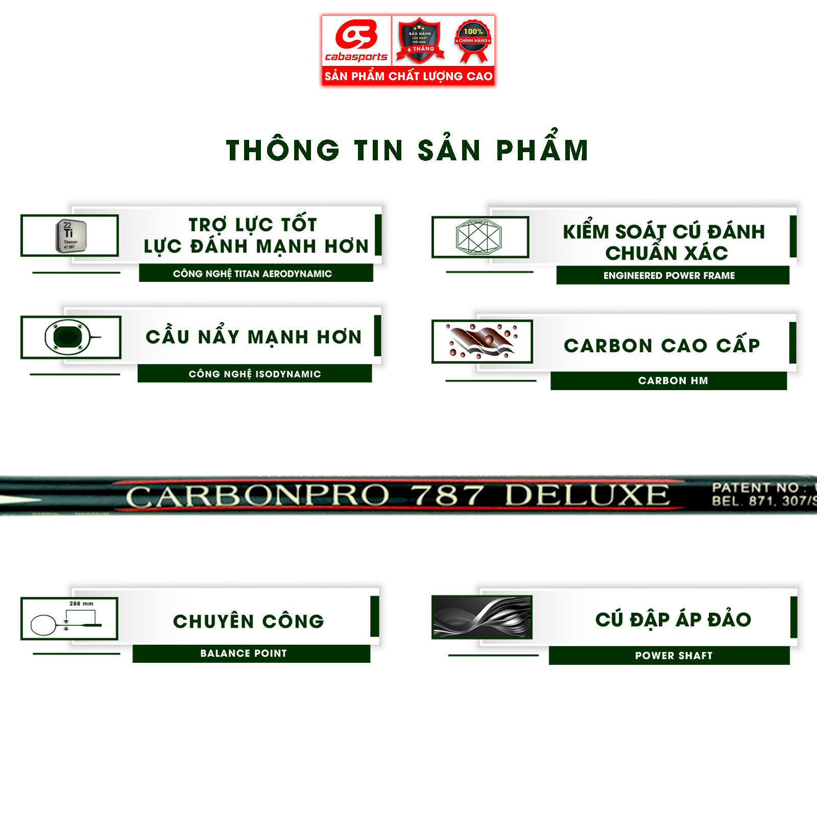 Vợt cầu lông đã đan lưới ProKennex CARBON PRO 787 DELUXE đơn chính hãng thể thao thiên công (1 cây) - Tặng kèm quấn cán và túi vải Cabasports