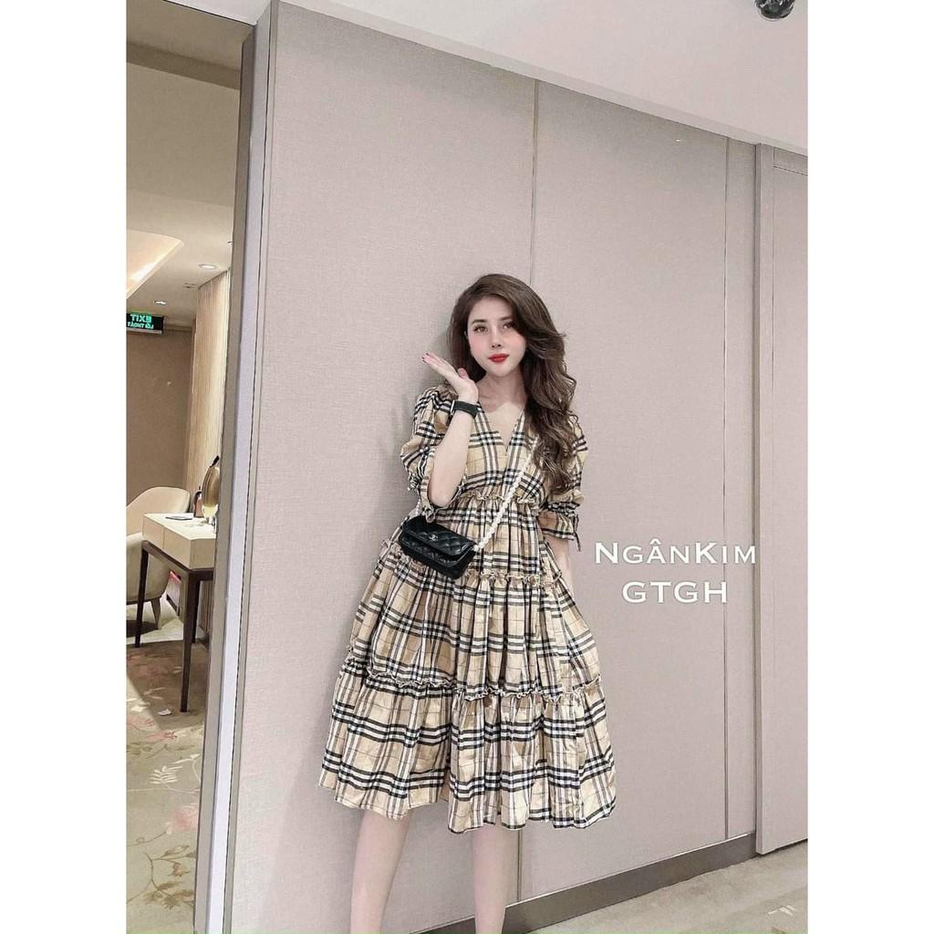 Váy Bầu Kẻ Caro Váy Bầu Tay Bồng Dáng Xòe HD2820 Honey Mommy