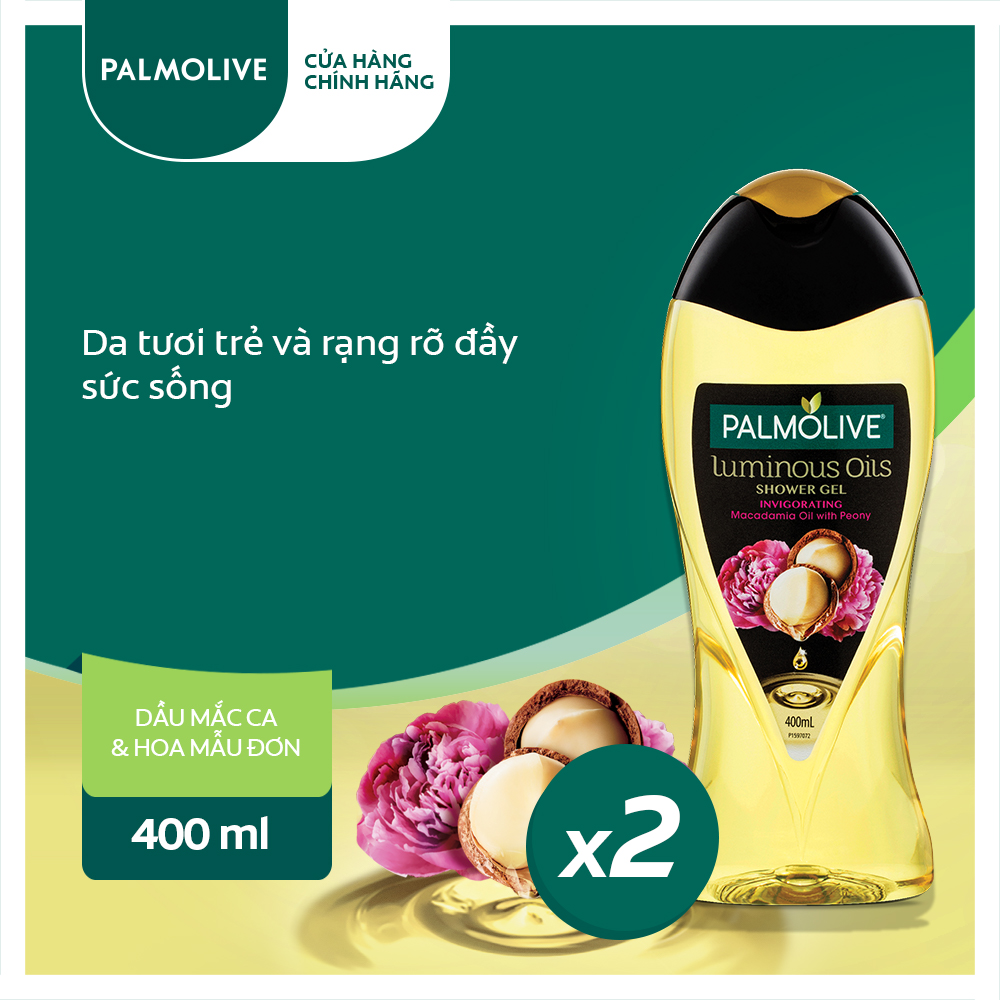 Bộ 2 sữa tắm dưỡng ẩm Palmolive Luminous tinh dầu thiên nhiên từ hạt Mắc ca và hoa mẫu đơn 400ml