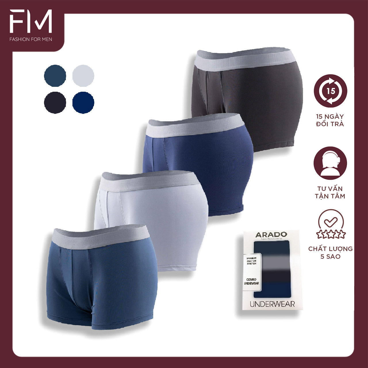 Hộp 4 quần boxer nam thun lạnh, quần lót nam co dãn 4 chiều- Formen Shop- FMQS017