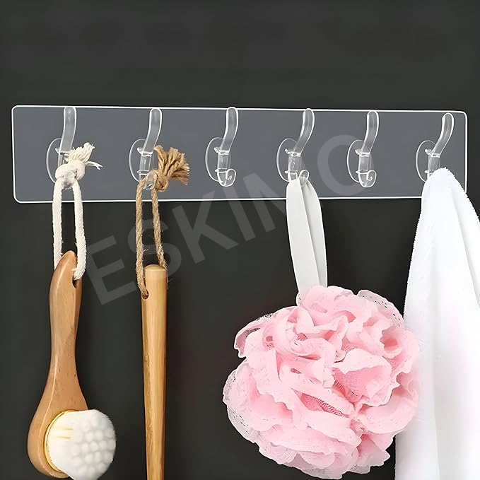 Móc Treo Nguyên Khối Trong Suốt Dán Tường 6 Móc Siêu Chắc