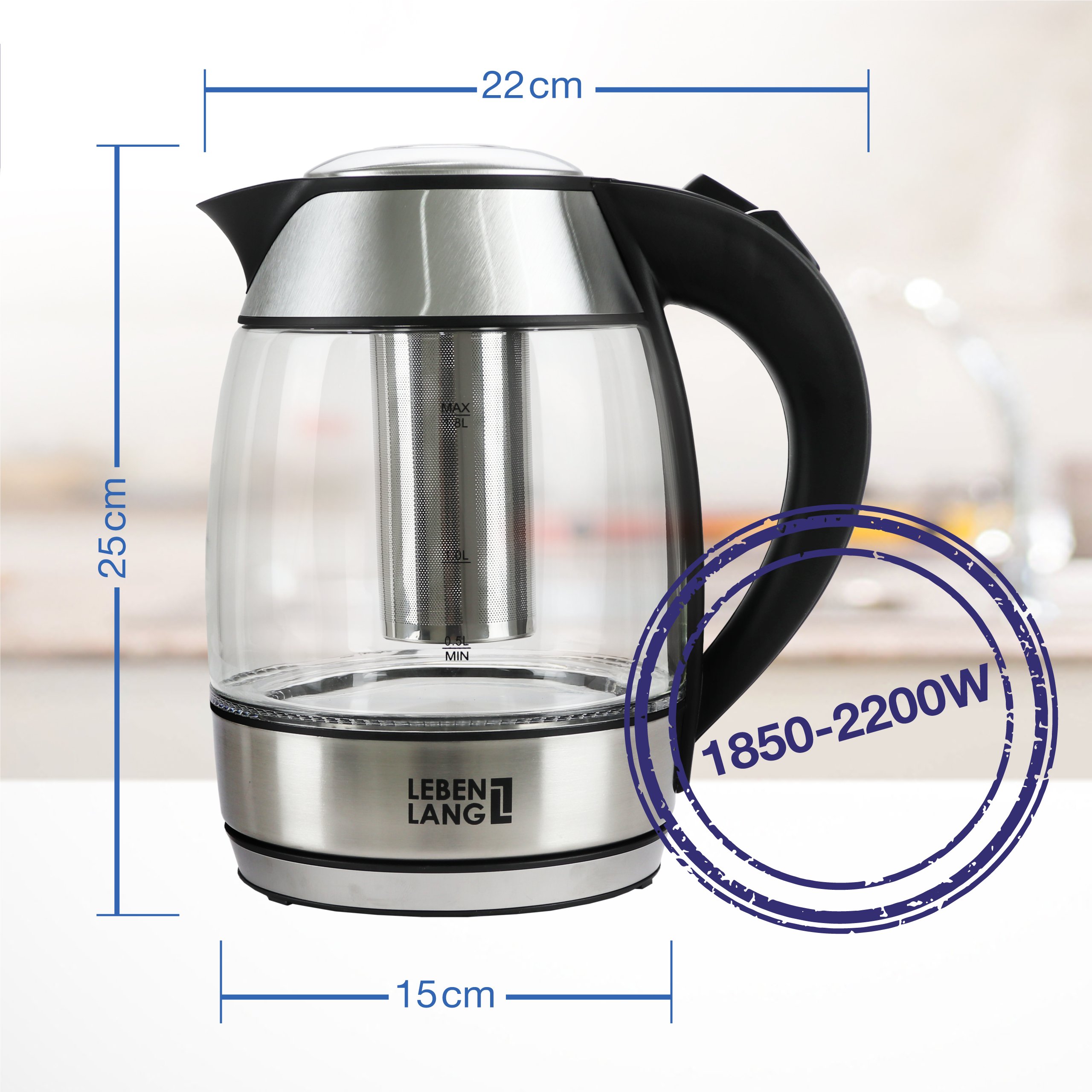 Ấm siêu tốc thuỷ tinh 1,8lit Lebenlang LBE2819
