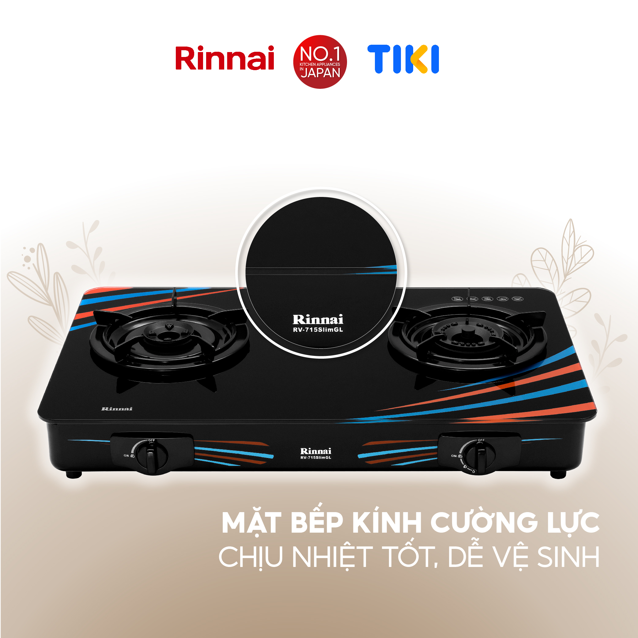 Bếp gas dương Rinnai RV-715Slim(GL-SC) mặt bếp kính và kiềng bếp men - Hàng chính hãng.