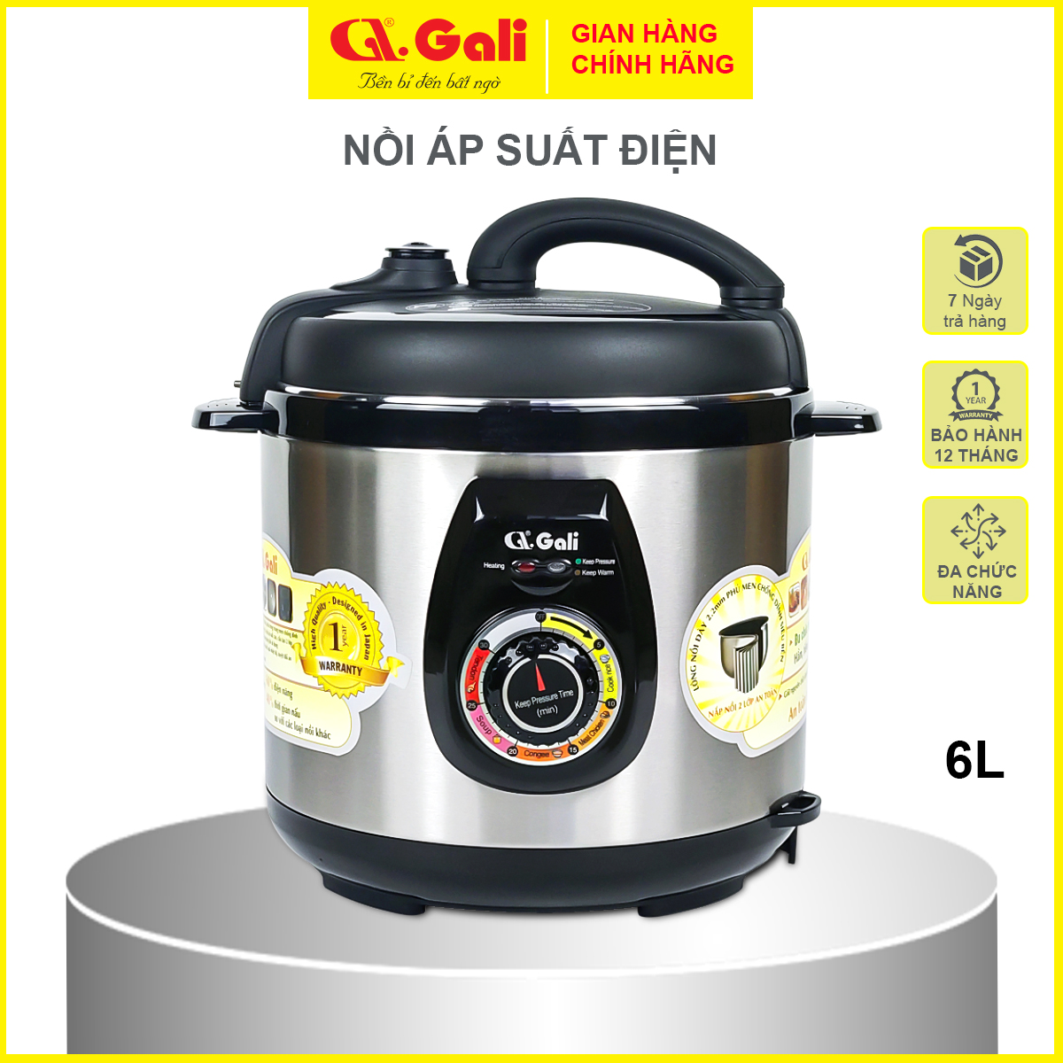 Nồi áp suất điện Gali GL-1626 6 lít, đa chức năng nấu, hầm các loại thịt, tôm cua cá, ninh đậu, nấu chè, hàng chính hãng bảo hành 24 tháng