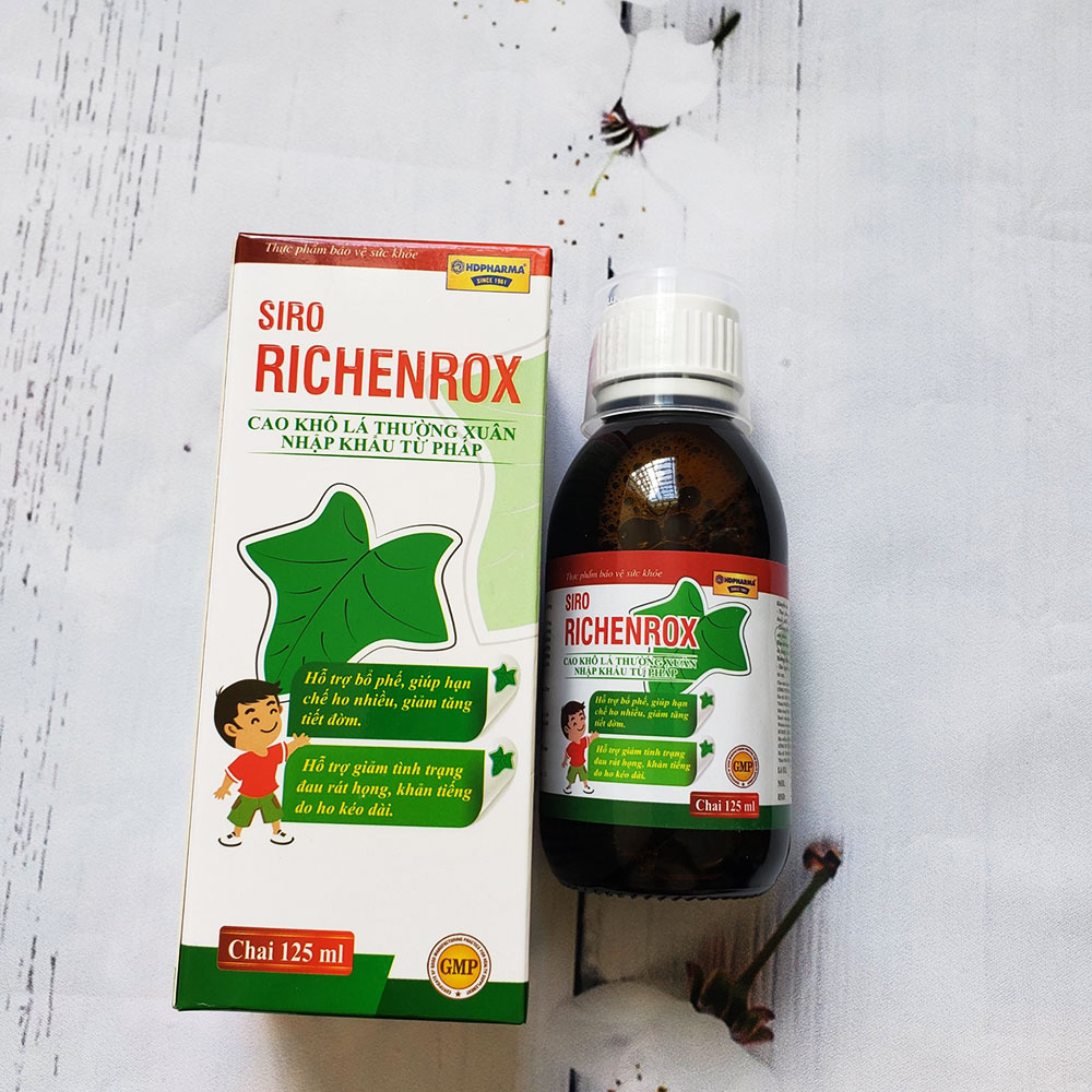  Siro ho cho bé RICHENROX giảm ho, tiêu đờm, viêm họng, viêm phế quản chai 125ml thành phần từ Cao lá thường xuân, húng chanh