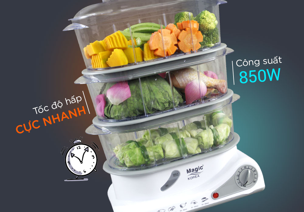 Máy hấp thực phẩm đa năng 03 tầng Magic Korea A61 - Hàng Chính Hãng