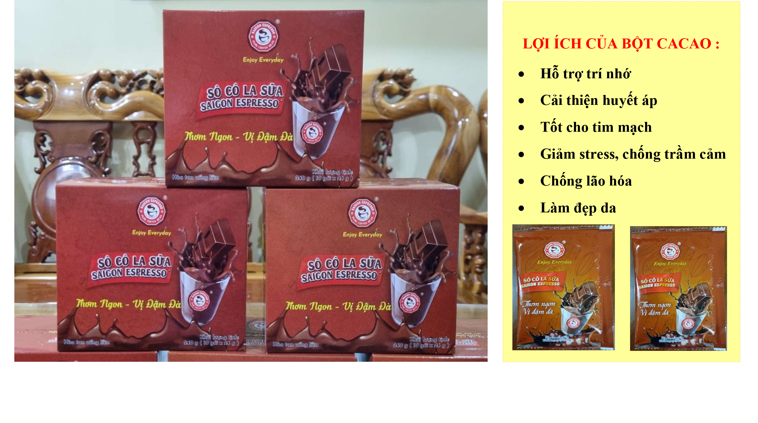 Sô cô la sữa Saigon Espresso hòa tan, Hộp 10 gói, 24g/gói. KLT 240g/hộp