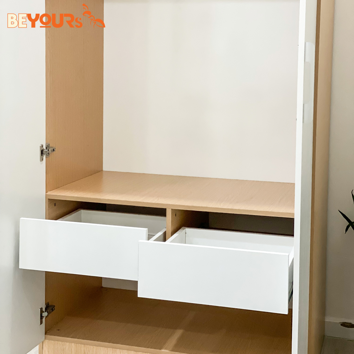 Tủ Quần Áo Gỗ Cửa Mở BEYOURs Mina 2 Cánh Màu Trắng Phối Gỗ Hiện Đại Thiết Kế Nhiều Ngăn Tiện Dụng
