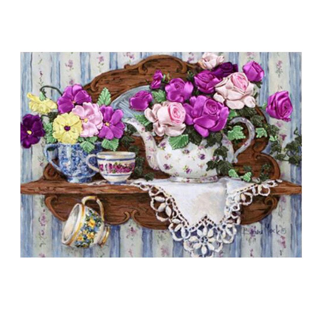 1x Ribbon Embroidery Cross Stitch Kits Handmade Flowers Design Home Decor