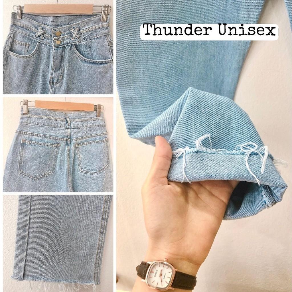 Quần Jean Nữ Dáng Baggy Cạp Lưng Cao Trơn Chất Bò Dày Dặn Màu Xanh Nhạt Sáng ThunderUniex Phong Cách Hàn Quốc Ulzzang