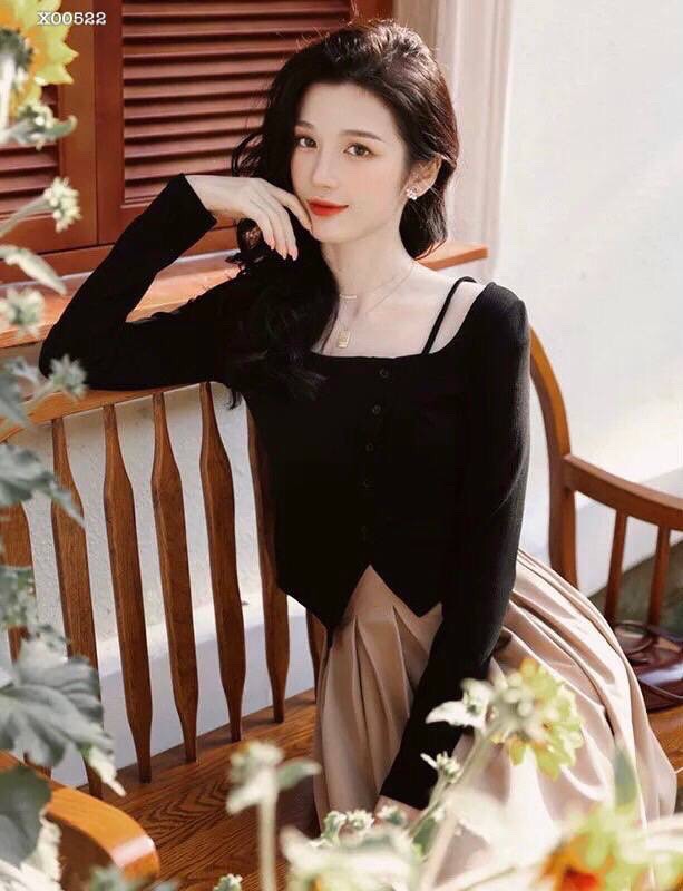 SET ÁO CROPTOP THUN ÔM CỔ U TRƠN TAY DÀI + CHÂN VÁY DÀI SUÔNG TRƠN XẾP LY NHẸ DẠO PHỐ DỰ TIỆC