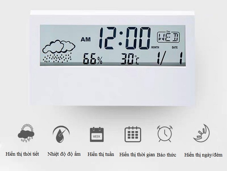 Đồng hồ để bàn màn hình LED có đèn nền cao cấp hiển thị thời gian, nhiệt độ, độ ẩm ( Tặng bộ dán trang trí dạ quang phát sáng hình con bướm )