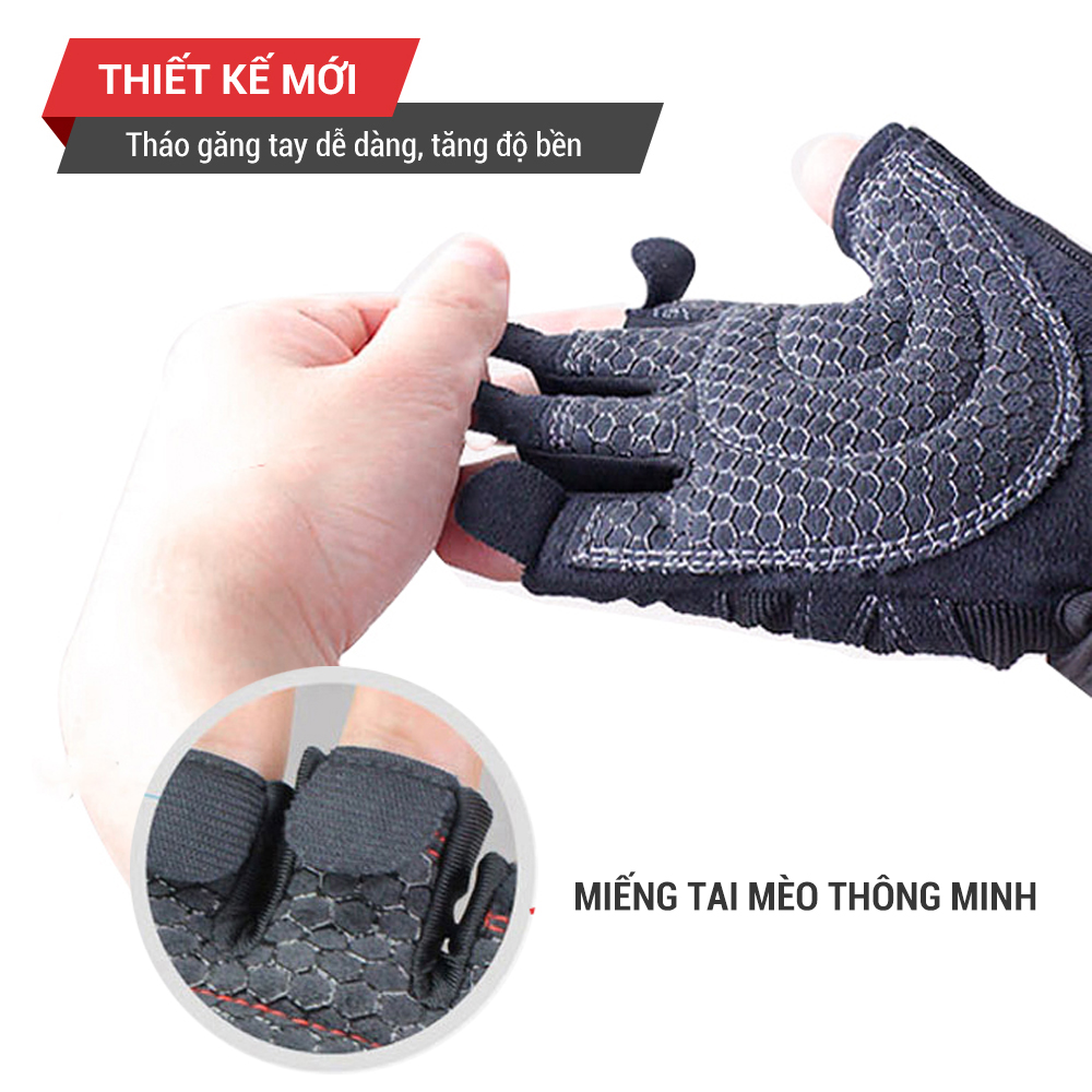 Găng tay tập gym nữ/nam hở ngón, bao tay tập Gym nữ/nam có quấn trợ lực cổ tay, đệm Silicone chống trượt GoodFit GF201G