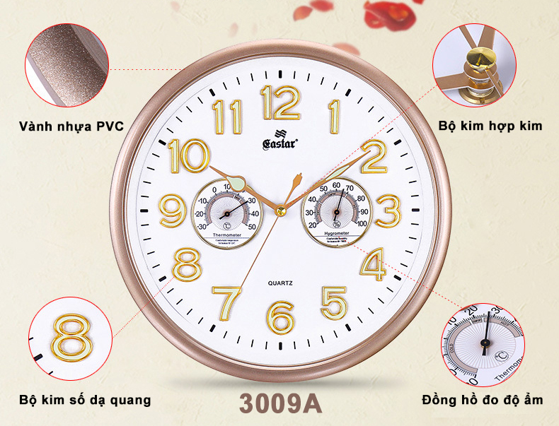Đồng Hồ Treo Tường Cao Cấp EASTAR KIM TRÔI Tròn Có DẠ QUANG - ĐH Đo NHIỆT ĐỘ Và ĐỘ ẨM - Số Nổi 3D - Tặng Pin Maxell - BH 1 Năm