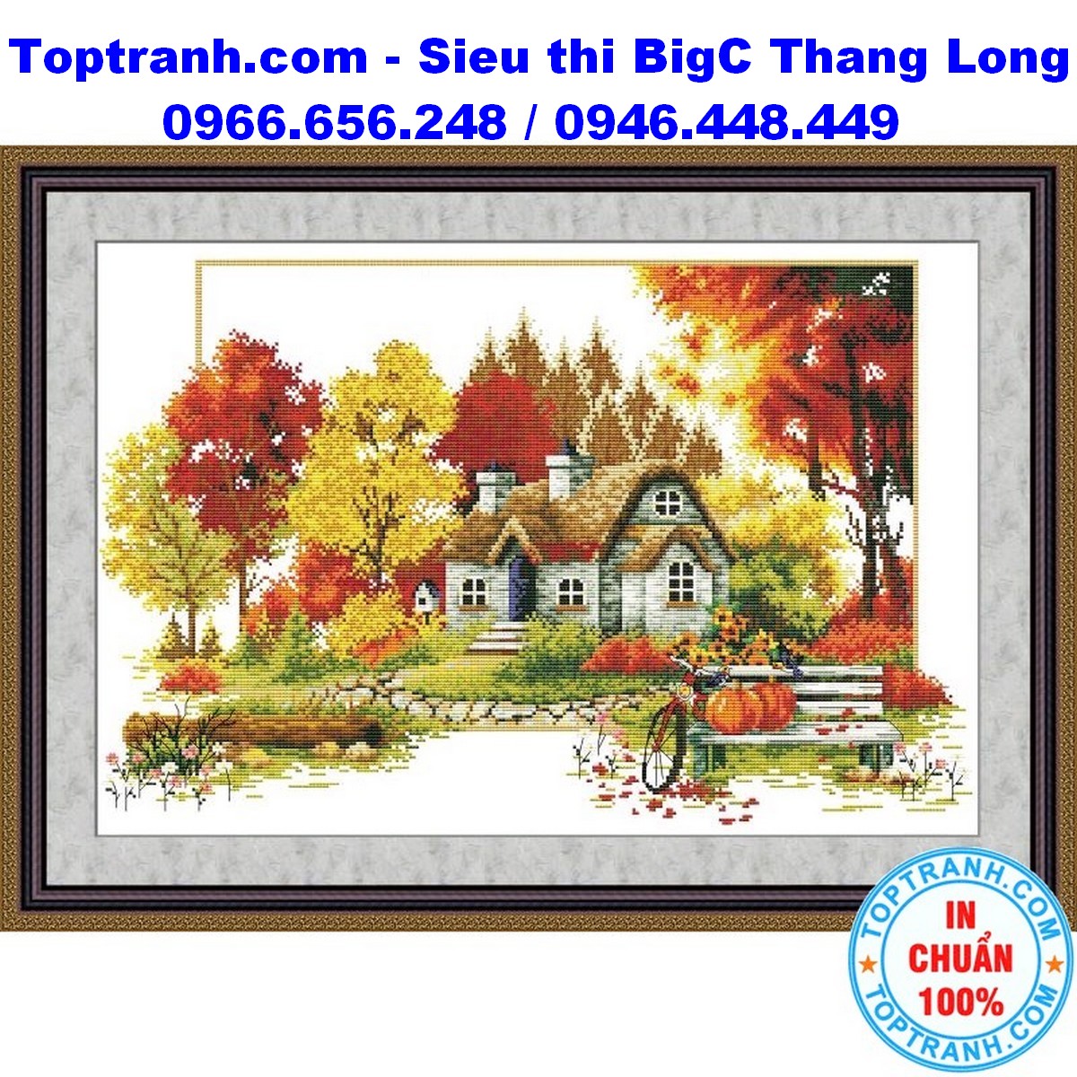 Tranh thêu chữ thập ngôi nhà mùa thu vàng cõ nhỏ F226 chưa thêu