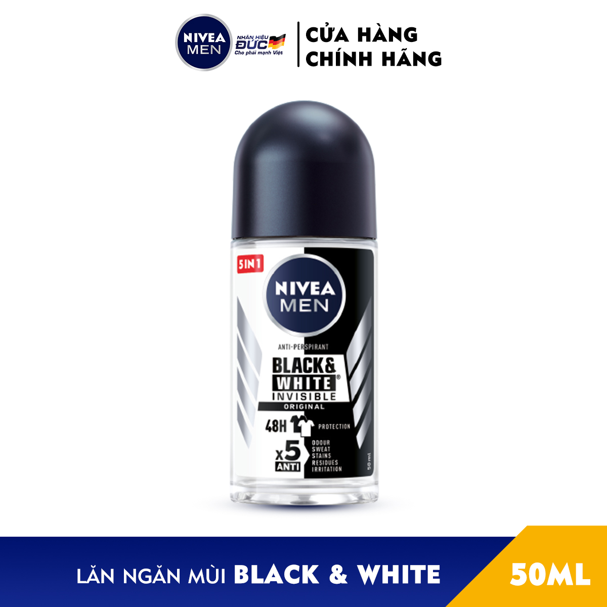 Lăn Ngăn Mùi NIVEA MEN Black&amp;White Ngăn Vệt Ố Vàng Vượt Trội - Hương Nhẹ Nhàng (50 ml) - 82245