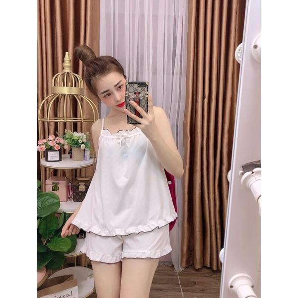 Sét bộ tiểu thư mặc nhà chất lụa satin phối áo hai dây quần lửng freesize từ kg