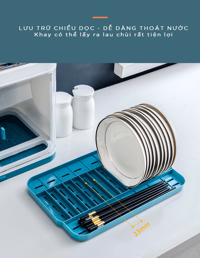 Kệ úp chén bát 2 tầng có nắp đậy, khay hứng khô ráo, sạch sẽ, kích thước 45x38x25cm - Hàng chính hãng