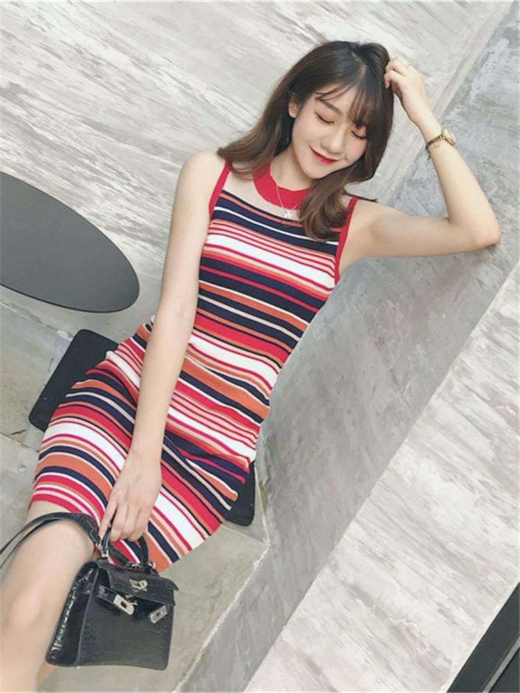 Đầm len dệt kẻ sắc màu free size