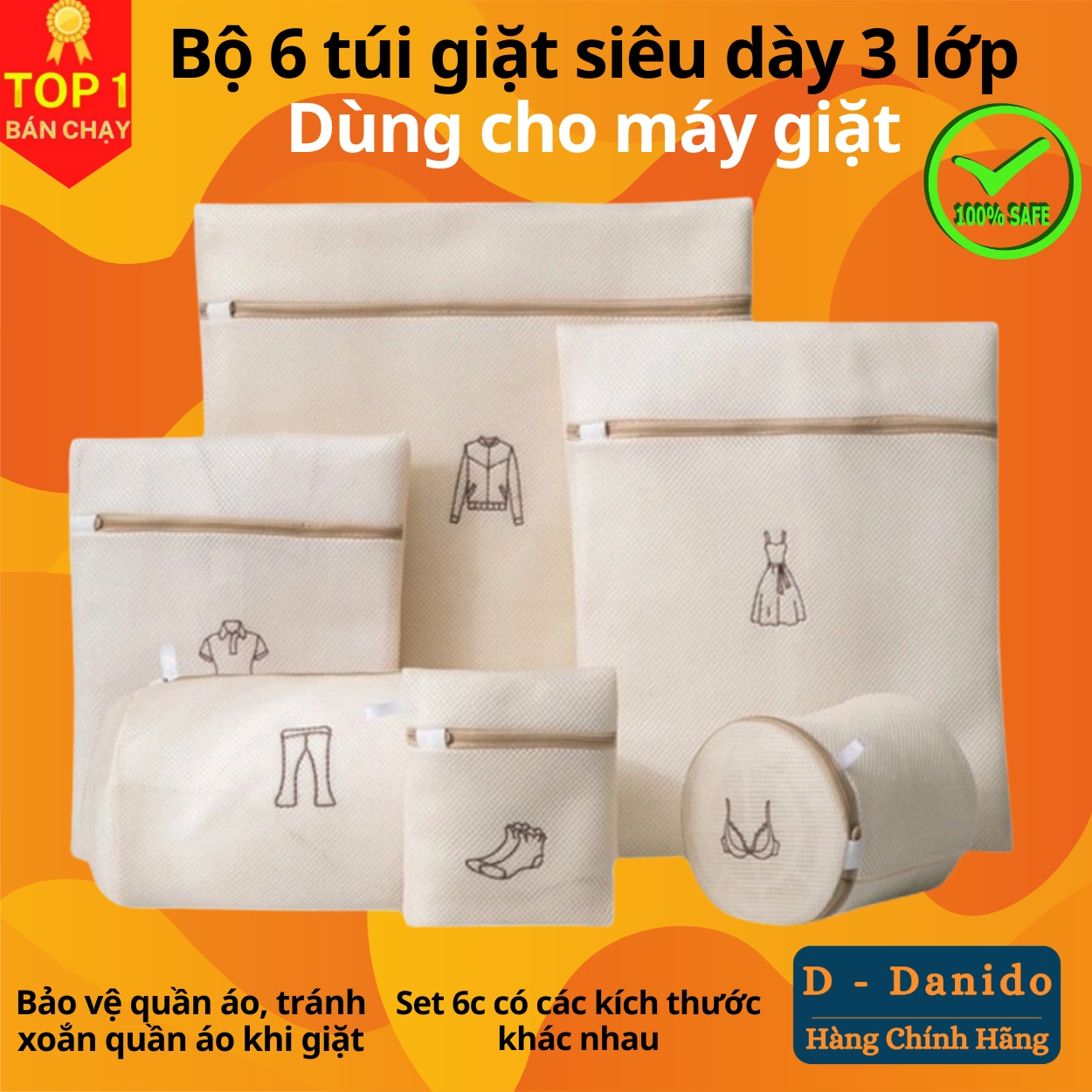 Bộ 6 túi giặt siêu dày 3 lớp cao cấp - Combo 6 túi lưới bảo vệ quần áo dùng cho máy giặt siêu bền tiện dụng chính hãng