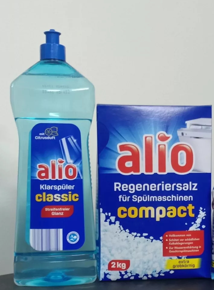 Combo chai nước làm bóng Alio 1 lít +hộp muối rửa bát 2kg