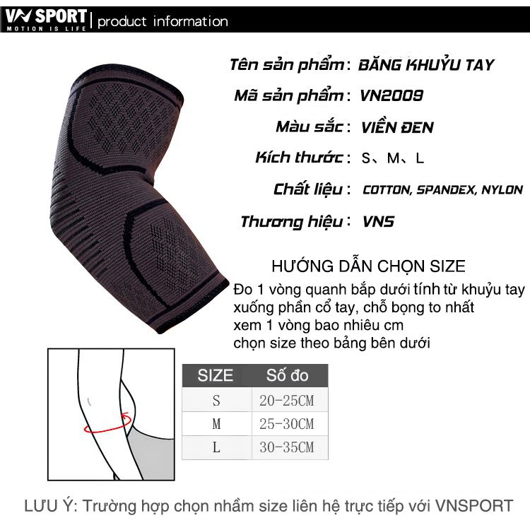 Băng Khuỷu Tay VNSPORT - VN2009, Băng Thun Ôm Cơ Và Bảo Vệ Khuỷu Tay - Hàng Chính Hãng