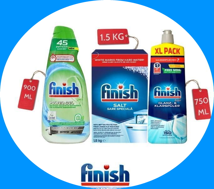 Combo rửa chén Finish : Nước làm bóng chai 750ml, Gel classic can 1,5 lít, Muối hộp 1,5kg - Chính hãng.