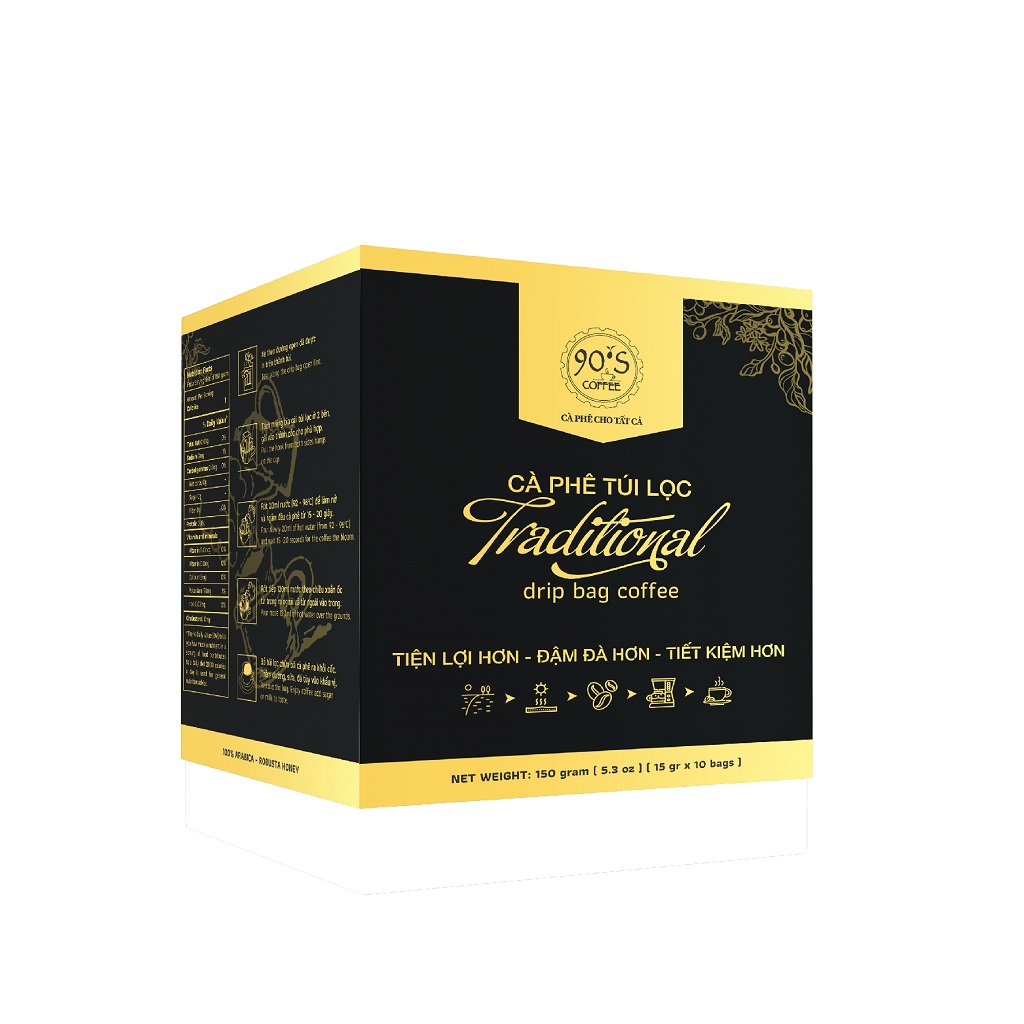 Cà Phê TRADITIONAL - 90S Coffee | Hộp 10 Gói x 15g Cà Phê phin giấy Rang Xay Nguyên Chất Cao Cấp