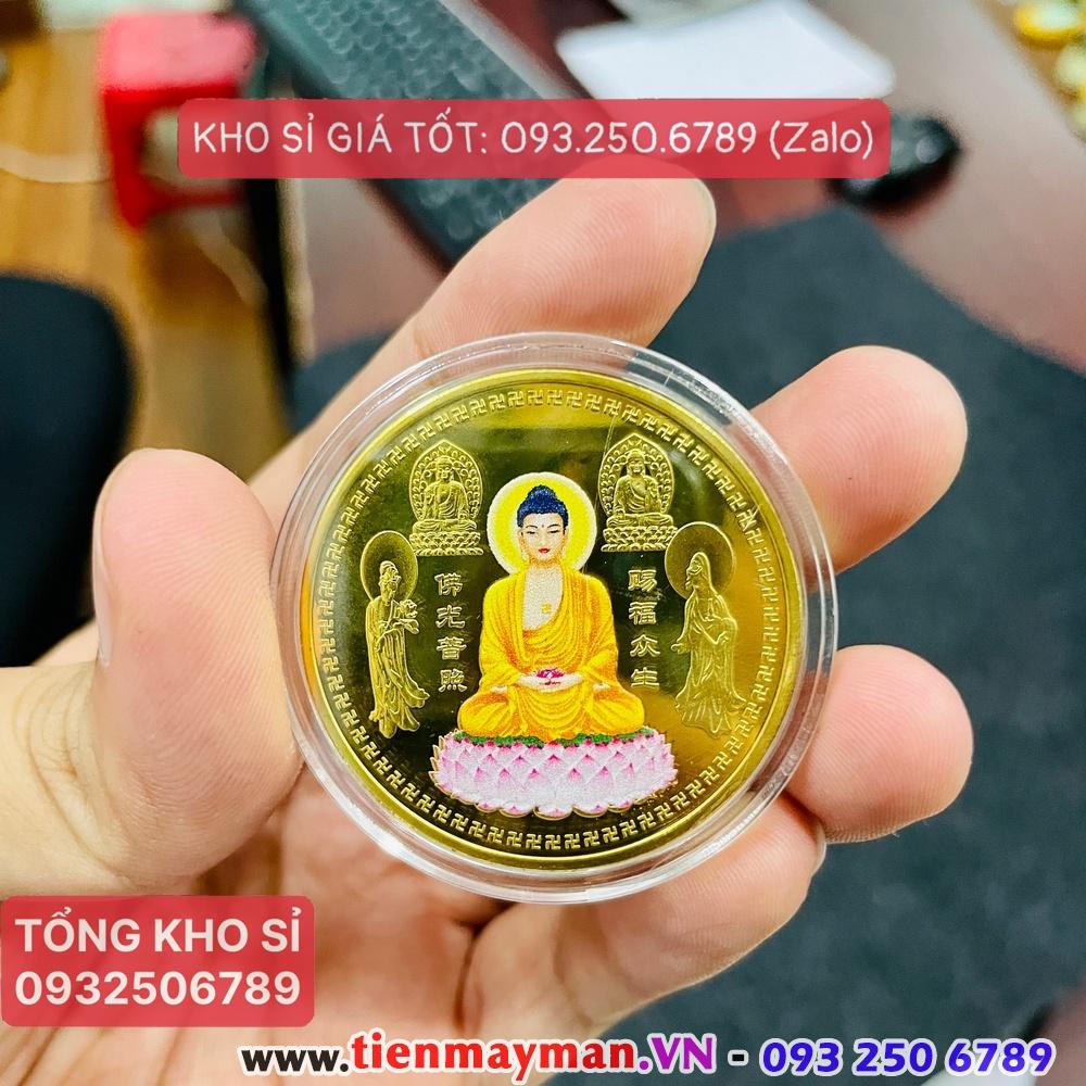 Đồng xu hình Phật A Di Đà Tọa Đài Sen In Màu Phong thủy tài lộc may mắn, tặng túi gấm đỏ - NELI - RƯỚC LỘC XUÂN