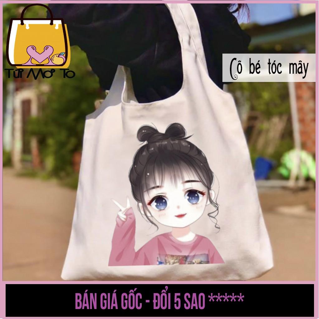 Túi tote túi vải túi canvas quai tròn có khóa kéo in hình cô bé tóc mây dễ thương- Túi Mơ To store