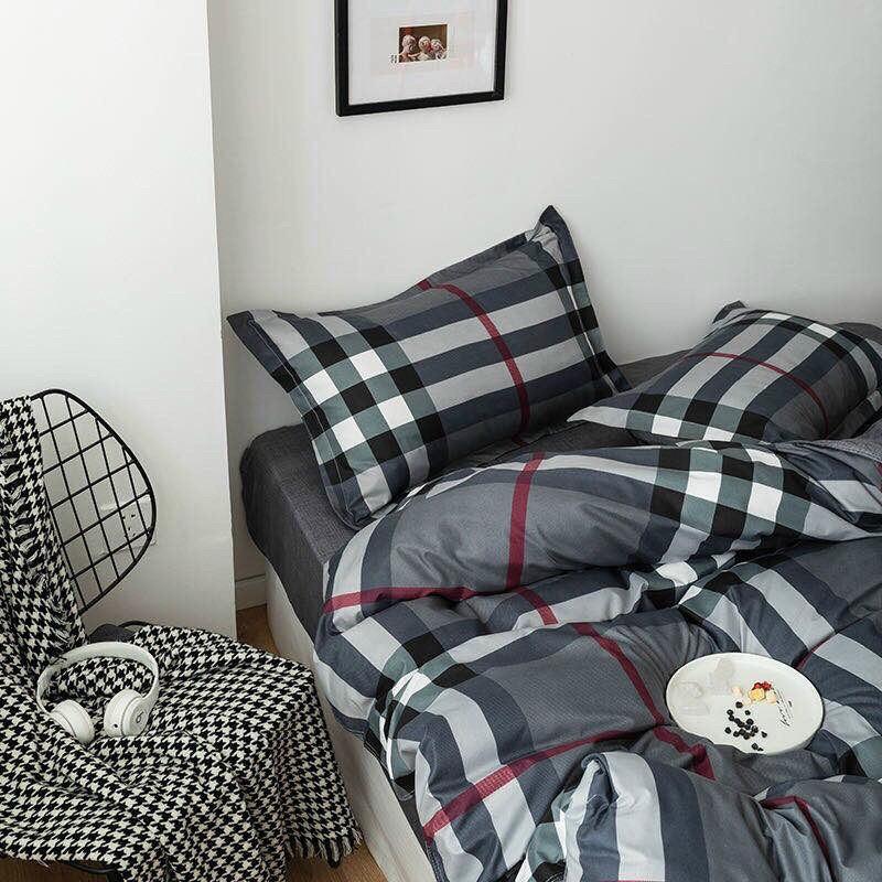 Bộ chăn ga Cotton Poly M2T Bedding chăn ga nhập khẩu mẫu Hàn Quốc - PL Kẻ Xám Trắng To Mẫu Mới