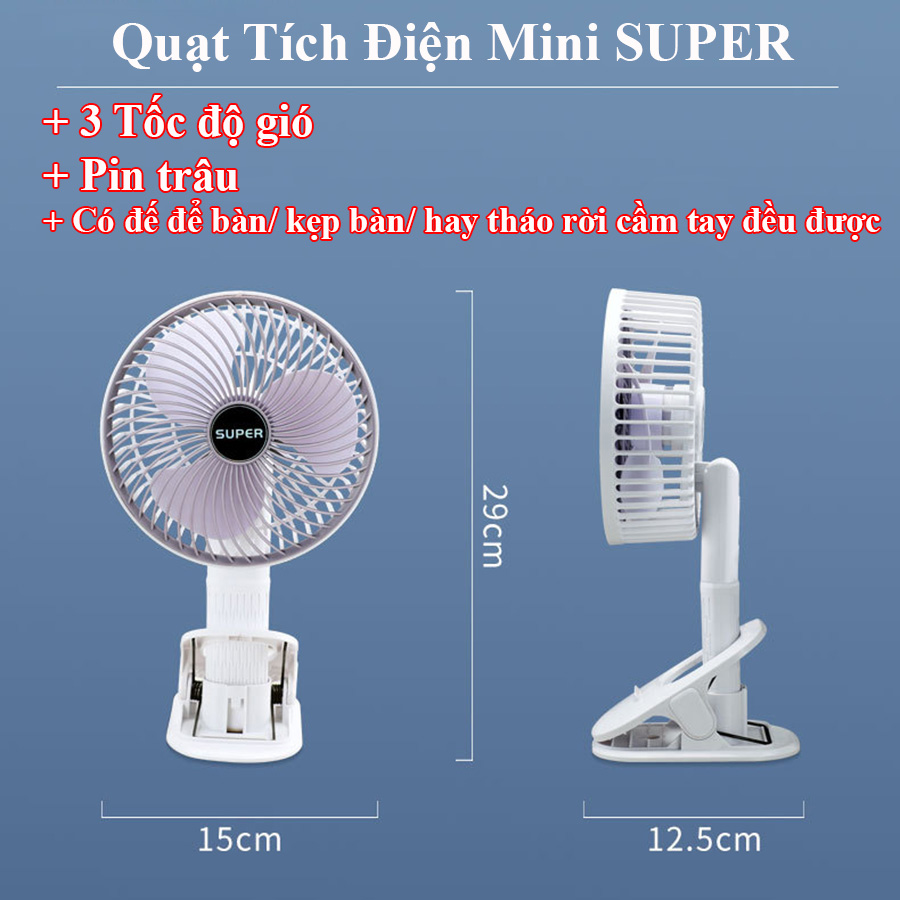 Quạt tích điện Super 4.5W dùng pin sạc. Quạt mini tích điện cầm tay đa năng có thể để bàn, treo tường hay kẹp bàn làm việc. Pin trâu