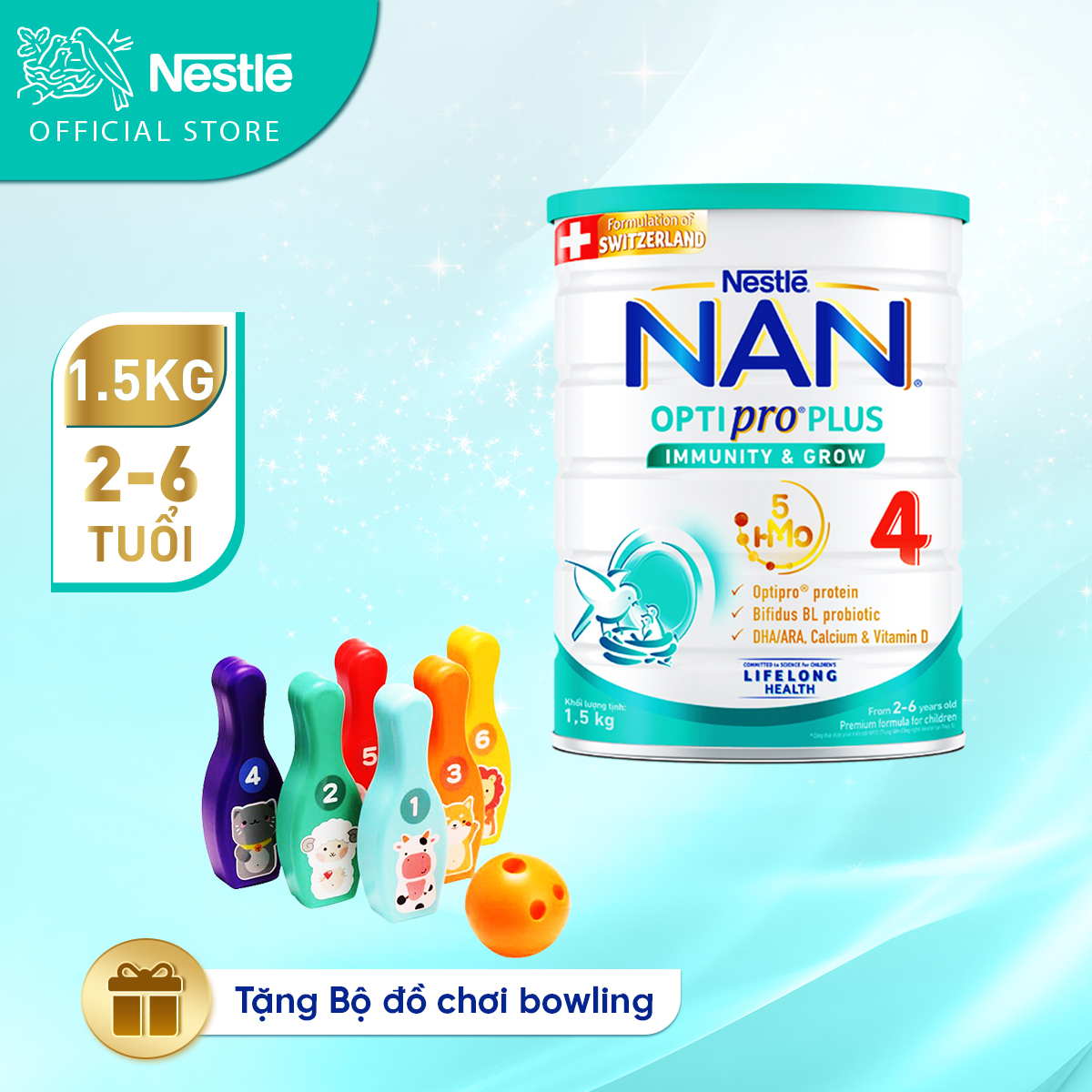 Sản Phẩm Dinh Dưỡng Nestlé NAN OPTIPRO PLUS 4 1500g/lon với 5HMO Hỗ trợ Đề Kháng - Tiêu Hóa - Trí Não &amp; Chiều Cao (2 - 6 tuổi) - Tặng Bộ đồ chơi Bowling