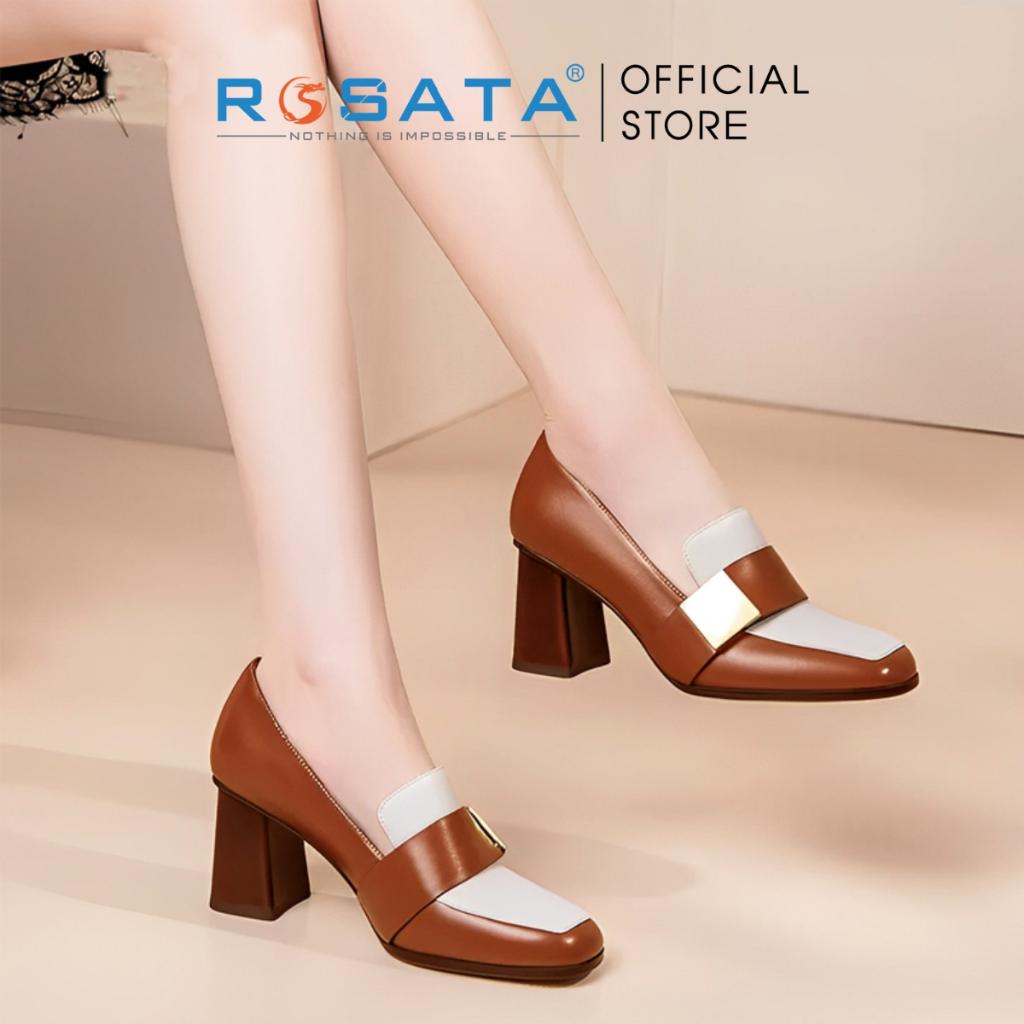 Giày cao gót nữ ROSATA RO389 mũi vuông xỏ chân gót cao 7cm xuất xứ Việt Nam - NÂU