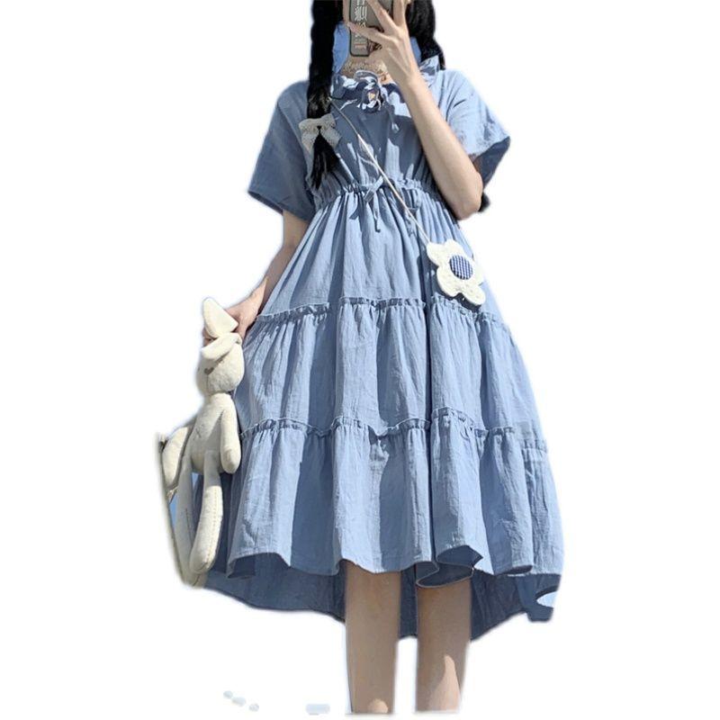 DONGSHOP Váy bé gái mùa hè Hàn Quốc rộng thùng thình học sinh trung học mùa hè váy 12 năm cô gái học viện phong cách bánh váy