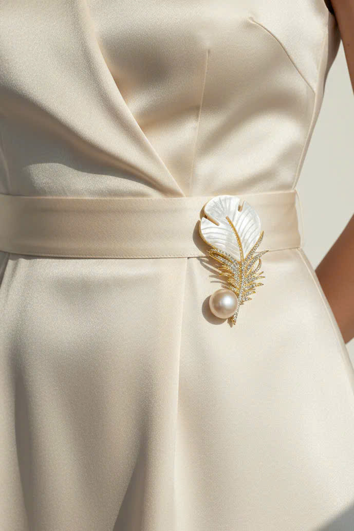 Trâm Cài Áo Vest, Áo Dài Xà Cừ Đính Ngọc Trai Baroque Hình Lông Vũ thời trang thiết kế Hity ACC402