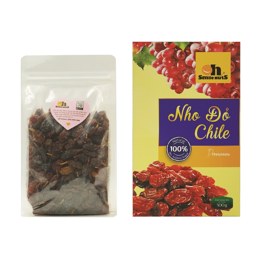 Nho Khô Đỏ SmileNuts Hộp Giấy 500g _ Nhập khẩu trực tiếp từ Chile _ Nho đỏ size Jumbo, quả to, thịt dày, vị ngọt tự nhiên, nho khô hoàn toàn tự nhiên không tẩm đường, không chất bảo quản