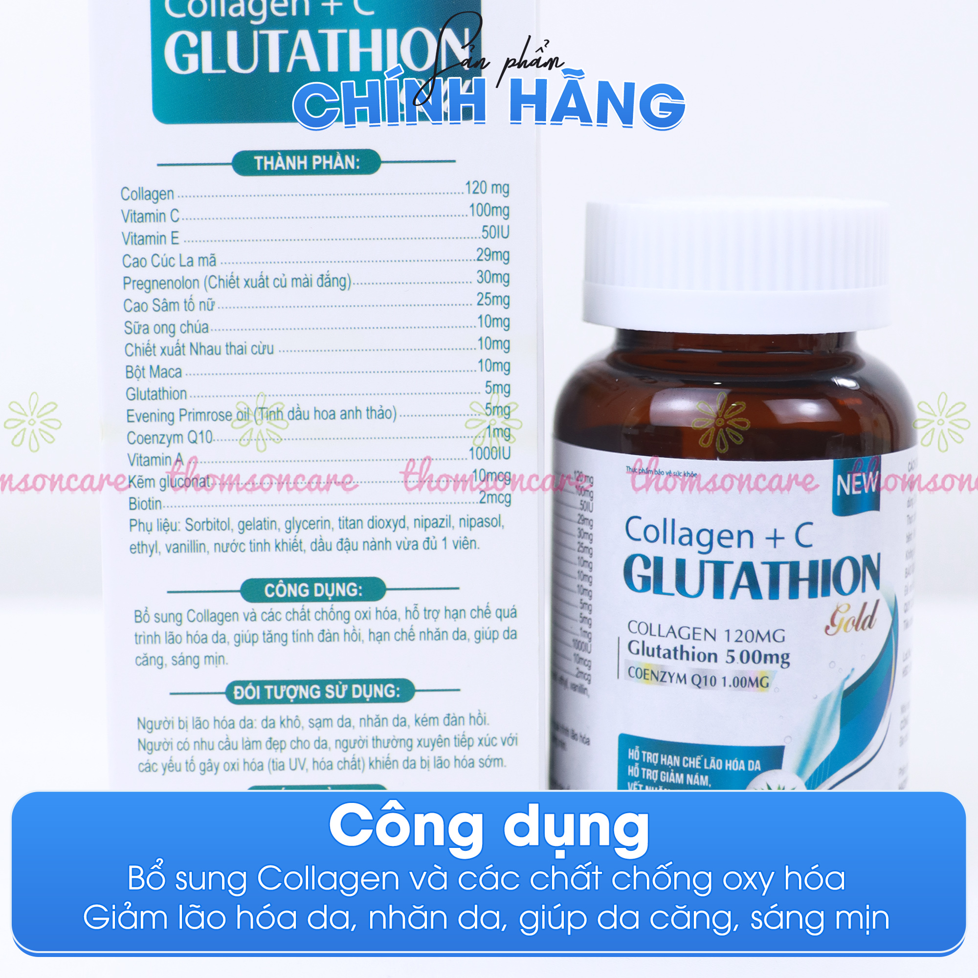 Combo viên uống trắng da Lcystine 60v, Glutathion 30v -Giúp cải thiện suy giảm nội tiết tố, tóc chắc khỏe , giảm lão hóa giúp da căng mịn, Bổ sung collagen và chất chống Oxy hóa - Thomsoncare