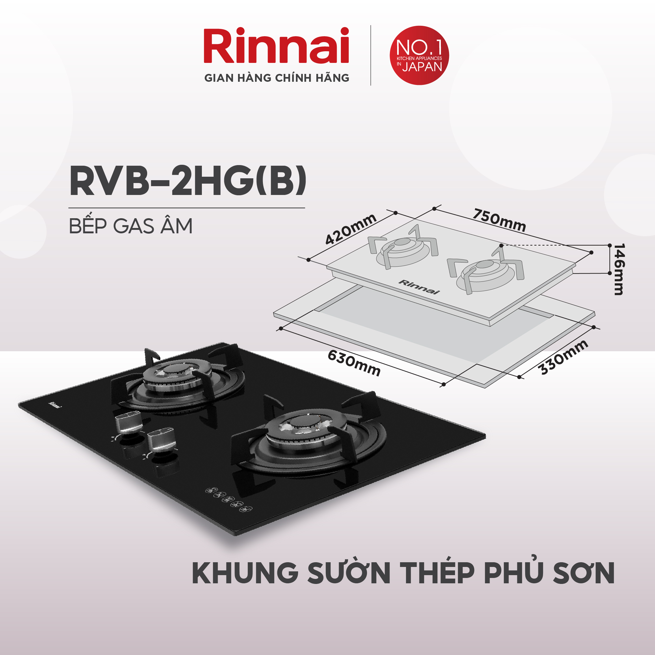 Bếp gas âm Rinnai RVB-2HG mặt bếp kính kiềng bếp gang - Hàng chính hãng.