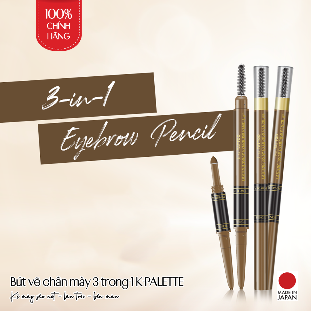 Bút Vẽ Lông Mày 3 Đầu Nhật Bản, Đầu Chì, Đầu Bột, Cọ Chải, K-Palette Eyebrow Pencil, Chống Lem, Lâu Trôi, Bền Màu 24h (02 Màu nâu tự nhiên)