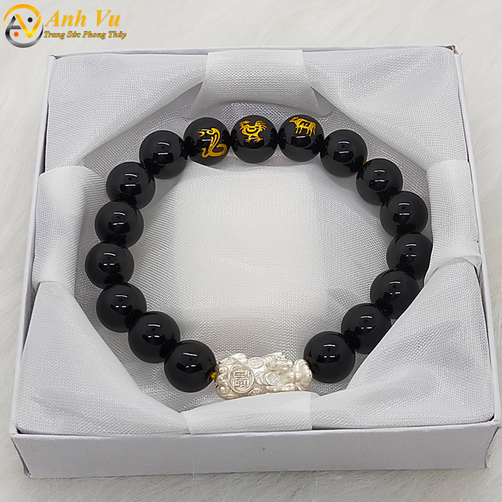 Vòng tay mã não đen mix tỳ hưu bạc - Vòng tay tam hợp quý nhân tỵ dậu sửu - May mắn tài lộc