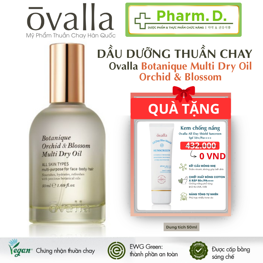 Dầu Dưỡng Khô Đa Năng Thuần Chay OVALLA Botanique Orchid &amp; Blossom Multi Dry Oil 50ml [DATE GẦN] Giúp Giảm Nhăn, Làm Sáng Da Và Chống Lão Hóa, Sử Dụng Cho Da Tóc Móng 50ml Làm Đẹp Da Dưỡng Ẩm Da