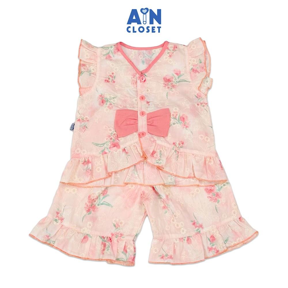 Bộ quần áo Lửng bé gái hoạ tiết Hoa Thêu Hồng Cotton - AICDBGEH1NPP - AIN Closet