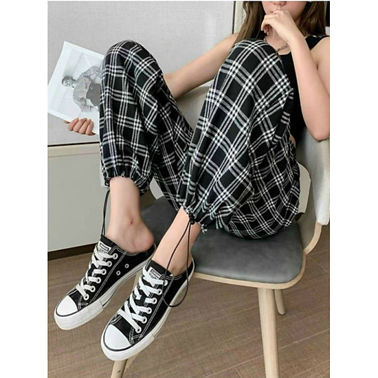 Quần Kẻ Nữ Cạp Chun Caro Lưng Cao Dáng Rộng Có Dây Rút Ống ulzzang