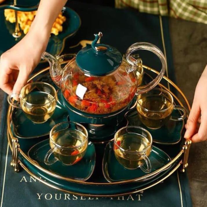Bộ trà khay tròn thủy tinh cao cấp phong cách Nhật Bản