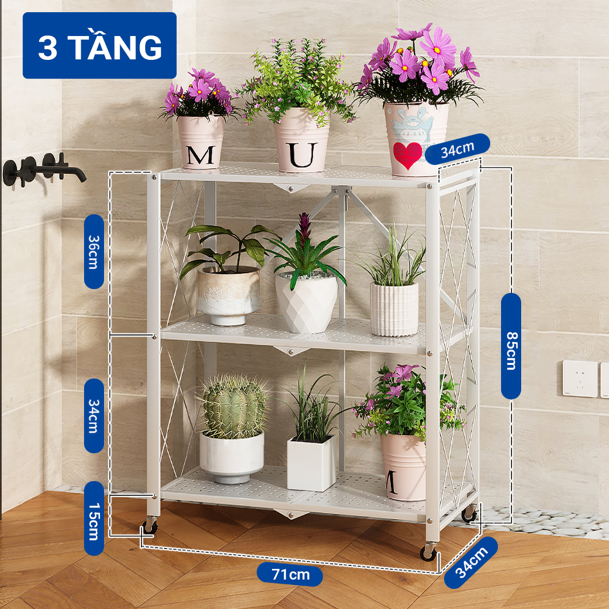 Kệ gấp gọn Trắng 3/4/5 tầng Vando chính hãng Kệ đa năng có bánh xe di chuyển, Kệ để lò vi sóng, kệ sách bằng Thép Carbon sơn không gỉ